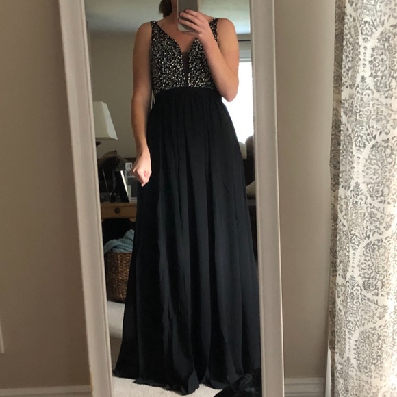 Black Sequin Top Maxi Dress with Side Slit - Picture 3 of 5